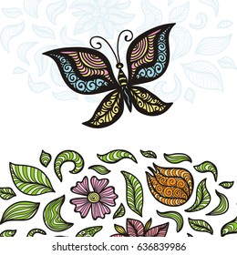 Beautiful butterfly and flowers. Vector illustration.