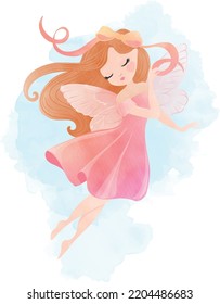 Beautiful butterfly girl watercolor vector illustration,children artworks, wallpapers, posters, greeting cards prints. 