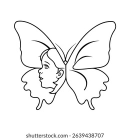Beautiful butterfly human face silhouette graphic artistic illustration in simple black lines design