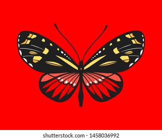 Beautiful butterfly. Illustration of an insect. Isolated on red background. Great for greeting cards, invitations, print on fabric and more.