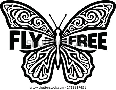 Beautiful butterfly insect vector illustration with Fly Free text for nature and freedom concepts on a transparent background.