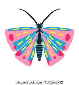 Beautiful butterfly isolated on white background. Hand drawn insect with big wings and antennae. Flat style drawing. Cute design for shirt, mug, poster. Trendy stock vector illustration.