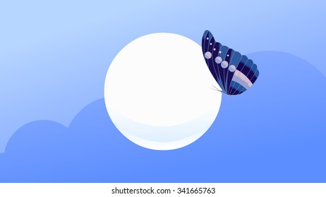 Beautiful butterfly and a logo revealer icon sign, symbol, product placeholder. Gradient color effect sky and cloud background. Isolated objects for custom design, position adjustment and arrangement.