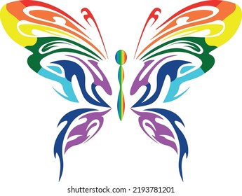 ein schönes Schmetterlingslogo oder ein Vektorbild mit Regenbogenfarben, futuristischem Design und einem erfreulichen Auge symbolisiert Freiheit