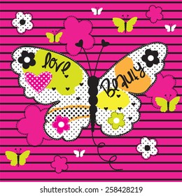 beautiful butterfly on striped background, T-shirt design vector illustration