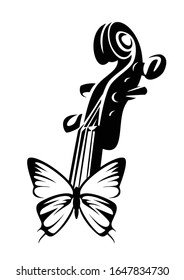 beautiful butterfly with open wings and violin neck - harmony of classical musical instrument and nature black and white vector design