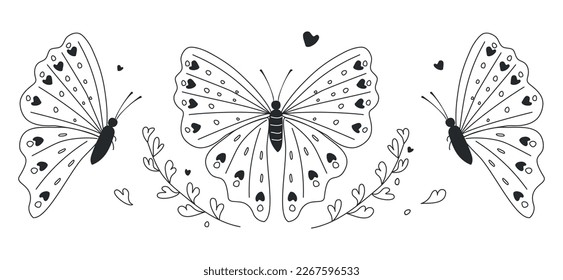 Hermoso patrón de mariposa de estilo blanco y negro sobre un fondo blanco. Ilustración vectorial para decoración, postales, impresión