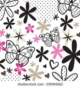 beautiful butterfly pattern with flowers, wrapping paper vector illustration