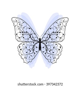 Beautiful butterfly with plant pattern and blue wings isolated on white background.