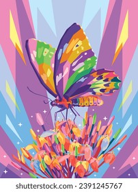 Beautiful Butterfly pop art portrait style, colorful butterfly on the flower vector illustration