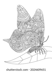 Beautiful Butterfly Resting On A Single Leaf Spreading Wings Colorless Line Drawing. Moth With Open Wing Staying On Plant Coloring Book Page.