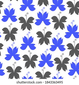 Beautiful Butterfly Seamless Pattern. Gray and blue butterflies silhouette on white background. Stylish wallpaper for your print or web design, fabric, wrapping paper. EPS 8 vector.