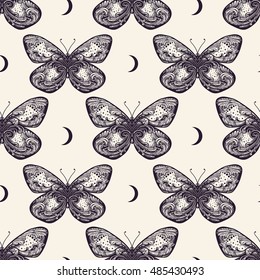 Beautiful butterfly seamless pattern in vintage style with moons.Trendy print. Vector illustration.