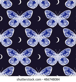 Beautiful butterfly seamless pattern in vintage style with moons.Trendy print. Vector illustration.
