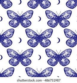 Beautiful butterfly seamless pattern in vintage style with moons.Trendy print. Vector illustration.
