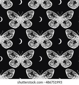 Beautiful butterfly seamless pattern in vintage style with moons.Trendy print. Vector illustration.
