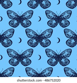 Beautiful butterfly seamless pattern in vintage style with moons.Trendy print. Vector illustration.
