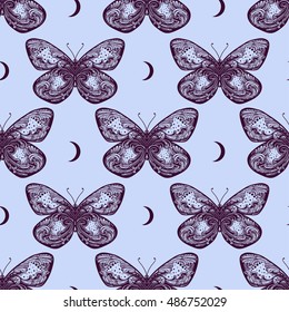 Beautiful butterfly seamless pattern in vintage style with moons.Trendy print. Vector illustration.
