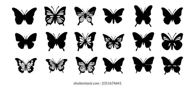 Hermosa silueta de mariposa aislada de fondo blanco. Ilustración vectorial de la colección de mariposas de primavera negra