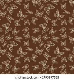A lot of beautiful butterfly, simple beige silhouettes on brown, vintage seamless pattern