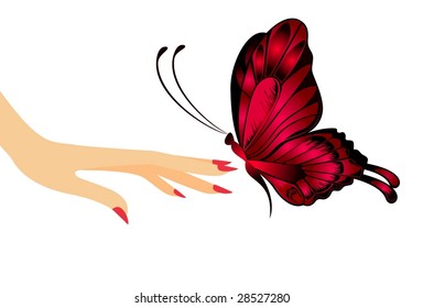 The beautiful butterfly sits down on a female hand