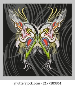 Hermosa mariposa con elementos de serpiente sobre un fondo negro. Alas espeluznantes de mariposa con elementos en espiral y un patrón de serpientes para los emblemas en escudos, tela, afiches, textiles, etc.