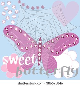 beautiful butterfly in a spider web with hearts and flowers vector illustration
