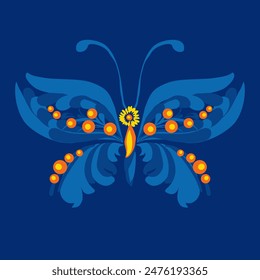 Beautiful butterfly. Stylized floral ornament. Flower symbol in yellow and blue colors. Summer mood