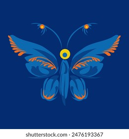 Beautiful butterfly. Stylized floral ornament. Flower symbol in yellow and blue colors. Summer mood