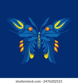 Beautiful butterfly. Stylized floral ornament. Flower symbol in yellow and blue colors. Summer mood