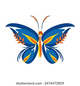 Beautiful butterfly. Stylized floral ornament. Flower symbol in yellow and blue colors. Summer mood