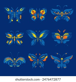 Beautiful butterfly. Stylized floral ornament. Flower symbol in yellow and blue colors. Summer mood