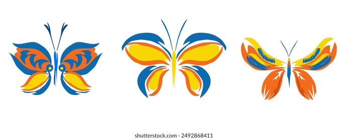 Beautiful butterfly. Stylized floral ornament. Flower symbol in yellow and blue colors. Summer mood