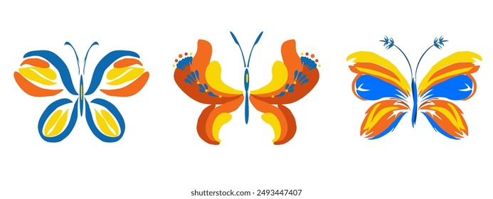 Beautiful butterfly. Stylized floral ornament. Flower symbol in yellow and blue colors. Summer mood