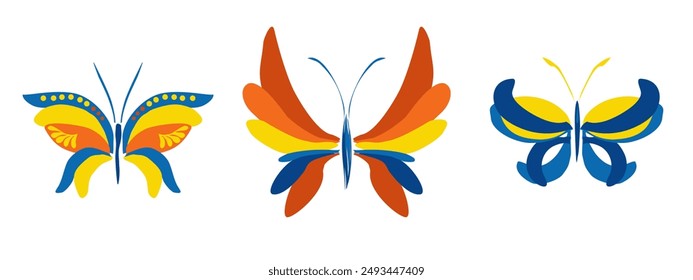 Beautiful butterfly. Stylized floral ornament. Flower symbol in yellow and blue colors. Summer mood