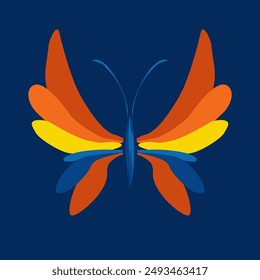 Beautiful butterfly. Stylized floral ornament. Flower symbol in yellow and blue colors. Summer mood