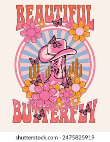 Beautiful butterfly t shirt design, pink color desert cowgirl vector prints ,Cowgirl boot for Women Western Cowgirls T-Shirt, Retro Cowgirl boots with hat, Hand drawn vector.  sticker, poster. 