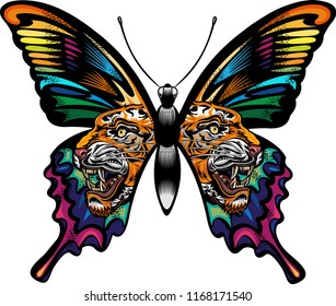 Beautiful  Butterfly Tattoo. Angry tiger face