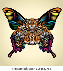 Beautiful  Butterfly Tattoo. Angry tiger face