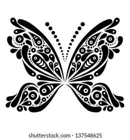 Beautiful butterfly tattoo. Artistic pattern in butterfly shape. Black and white illustration