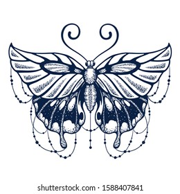 Beautiful Butterfly tattoo in boho style on back, shoulder, hip, leg. Elegant Butterfly is symbol of Diving soul. T-shirt design isolated on white background. New tattoo design. Ink jet tattoo