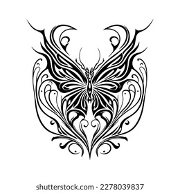 A beautiful butterfly tribal tattoo with intricate line art, Hand drawn illustration perfect for your next tattoo design