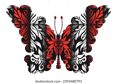 Beautiful butterfly vector design with aesthetic batik ethnic dayak line art pattern