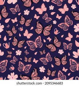 Beautiful butterfly vector pattern with cherry blossom flowers and leafs