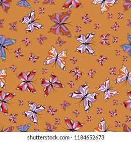 Beautiful butterfly vector pattern illustration design. Seamless. Pictures in orange, violet and white colors. Cute background for wrappers and wallpaper, design of fabric, paper.