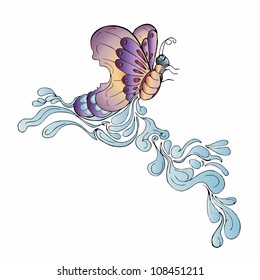 beautiful butterfly with water splash hand drawn isolated on white