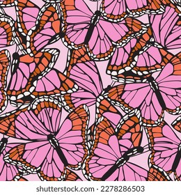 Beautiful butterfly wings seamless pattern. Gorgeous exotic pink colored insect on monochrome background. Hand drawn butterflies vector illustration for textile, fabric, wallpaper, print designs