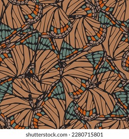 Beautiful butterfly wings seamless pattern. Gorgeous exotic insect background. Hand drawn butterflies vector illustration for textile, fabric, wallpaper, print designs