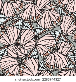Beautiful butterfly wings seamless pattern. Gorgeous exotic pink colored insect on monochrome background. Hand drawn butterflies vector illustration for textile, fabric, wallpaper, print designs