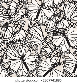 Beautiful butterfly wings seamless pattern. Gorgeous exotic monochrome colored insect on white background. Hand drawn butterflies vector illustration for textile, fabric, wallpaper, print designs